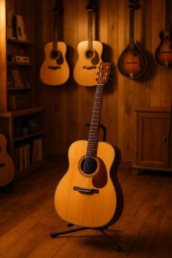 Rahat akustik künc, akustik gitaralar və yumşaq işıqlandırma