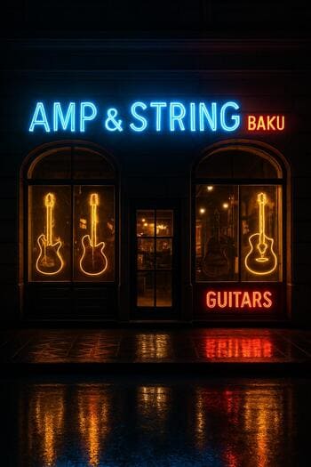 Bakı gecəsində Amp & String mağazasının parlaq vitrini