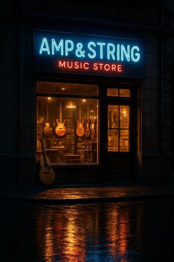 Axşam vaxtı Amp & String mağazasının vitrini və işıqları