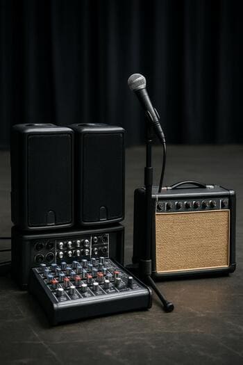 Kiçik səhnədə səs pultu, kolonlar və mikrofonlarla canlı setap