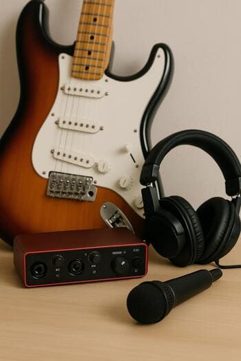 Gitara, pinco səs kartı və laptop ilə kiçik ev studiya seti