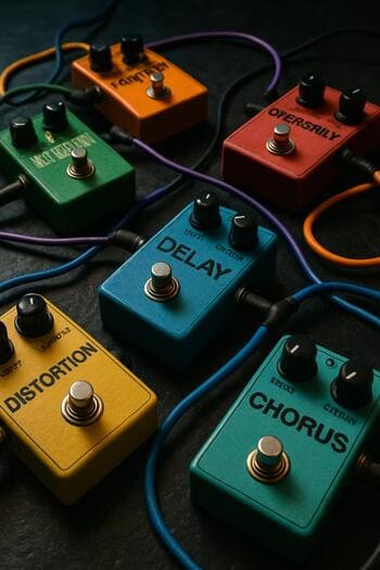 Gitara pedalları və səliqə ilə yığılmış kabellərin yaxın planı