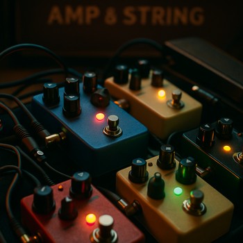 Pedalboard üzərində bir neçə effekt pedalı və patch kabellər