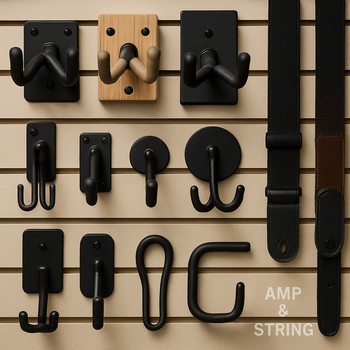 Divarda qarmaqlardan asılmış gitara və bas sim dəstləri