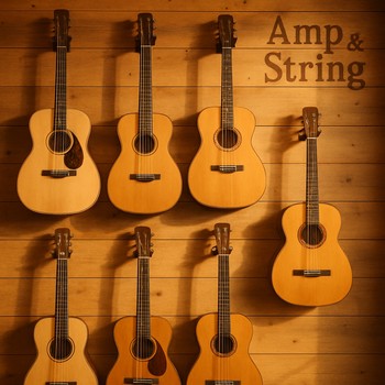 Divara söykənmiş akustik gitaralar və yanında kreslo