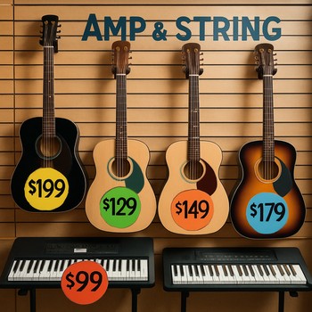 Qiymət stikerləri və kiçik aksessuarlarla dolu vitrin divarı