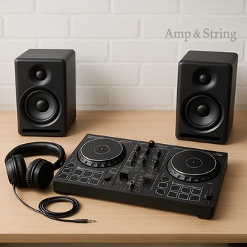 Masa üzərində gitara, kiçik səs kartı və monitorlarla ev studiya seti