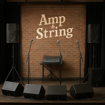 Səhnədə səs pultu, mikrofonlar və kolonlarla qrup üçün hazır set