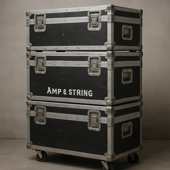 Bir-birinin üstündə düzülmüş metal flight case və rack qutuları