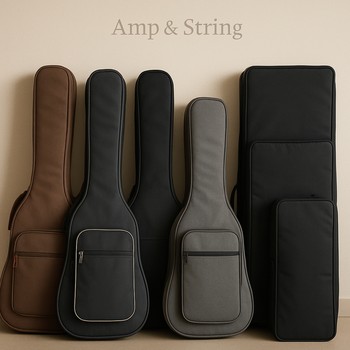 Mağaza divarında müxtəlif rəngli gitar gigbag çantaları