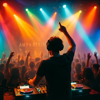 Klubda işıq şüaları altında rəqs edən izdiham və səhnə kolonları