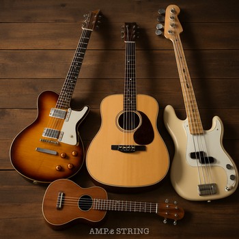 Mağaza içində stol üzərində akustik və elektrik gitaralar