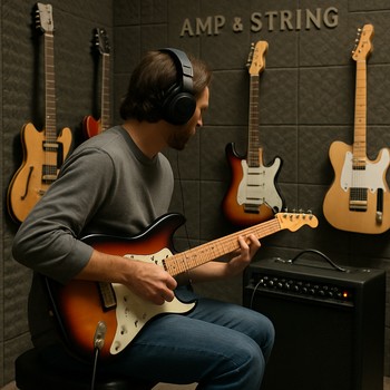 Gitaranı kombiklə birlikdə sınaqdan keçirən musiqiçi