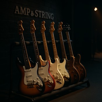 Səhnəyə hazır müxtəlif rəngli elektrik gitaraların asıldığı rəf