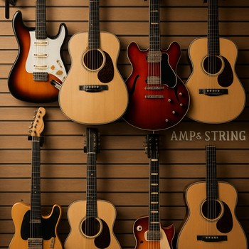 Divarda boyu neon işıq altında düzülmüş elektrik gitaralar