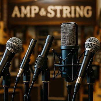 Mikrofon stendlərində düzülmüş vokal mikrofonları sırası