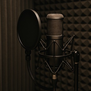 Vokal kabinəsində pop-filtr və stendə quraşdırılmış studiya mikrofonu