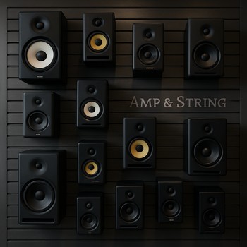 Studiyada müxtəlif ölçülü studiya monitorları və səs kartları ilə rəf