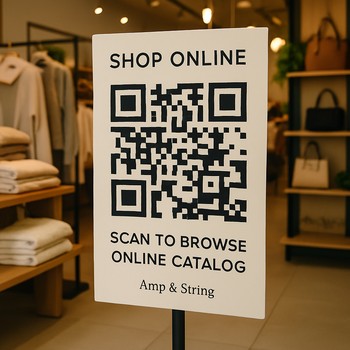 Gitara rəfinin yanında yerləşən QR kodlu kiçik stend