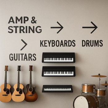 Mağaza içində gitara, klavye və DJ zonalarını göstərən ümumi görünüş