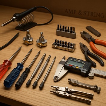 Təmir masasında alətlər, lehim stansiyası və gitara detalları
