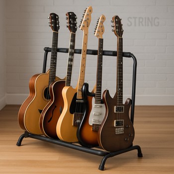 Bir neçə gitaranı saxlayan çoxlu stend və rəflər