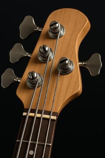 Bas gitaranın klavaturası və barmaqların yaxın plan görüntüsü