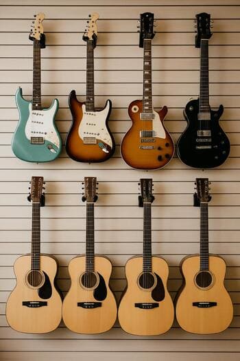 Simli alətlər bölməsində müxtəlif elektrik gitaralar divarda