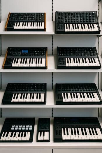 Sintezator və klaviatura cərgəsi, yanında studiya monitorları