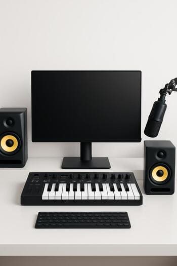 Studiyada sintezator, səs kartı və qulaqcıq olan masa