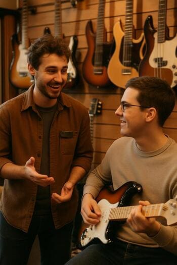 Satıcı gitaristlə yanaşı alət seçimi barədə danışır