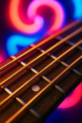 Neon işıq altında gitara simlərinin yaxından görüntüsü