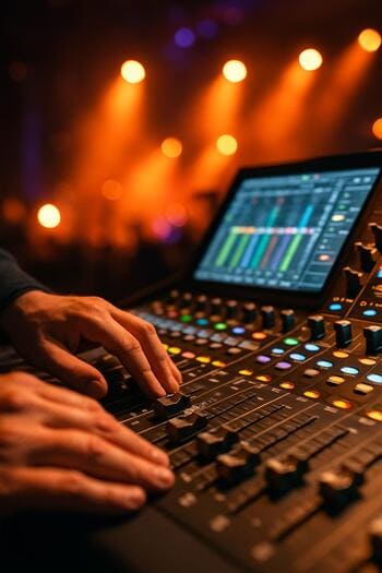 Konsert zamanı işıqların içində səs pultu və sürğülər