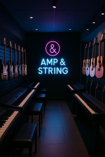 Amp & String şourumunda neon işıq altında gitaralar və səs avadanlığı