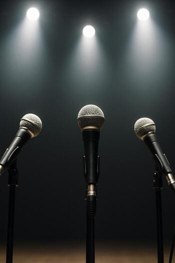 Canlı səhnə işıqları altında düzülmüş mikrofonlar