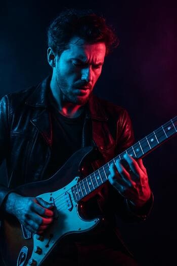 Neon işıq altında gitarası ilə gülümsəyən musiqiçi