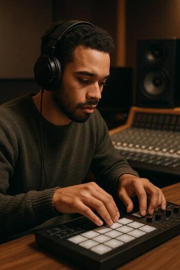 Studiyada masa arxasında çalışan gənc prodüser