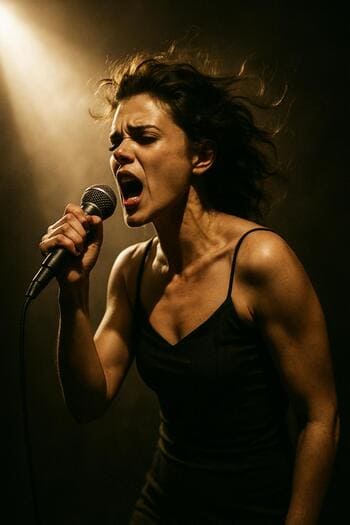 Səhnədə mikrofonla oxuyan vokalistin yaxın planı