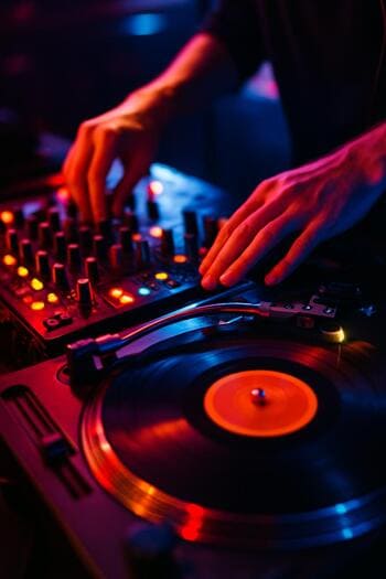 DJ kontrolleri və qulaqcıqların olduğu DJ guşəsi