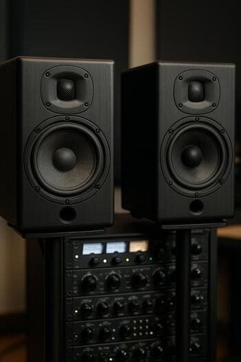 Rəfdə düzülmüş studiya monitorları və səs kartları