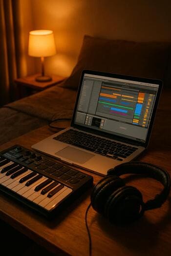 Qulaqcıq və mini klaviatura ilə laptop qarşısında çalışan bedroom producer