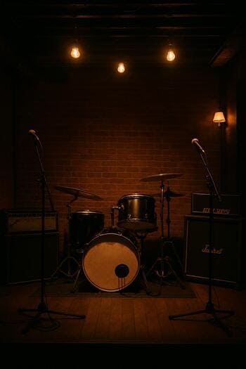 Kiçik bar səhnəsində işıqlar altında çalan qrup