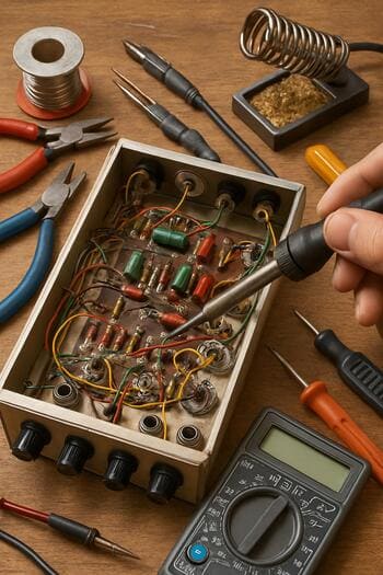 Maqazada iş masasının üzərində açılmış aparat və texnik işçisi