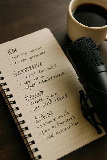 Mikrofon, dəftər və qulaqcıqla masa üzərində qısa qeydlər