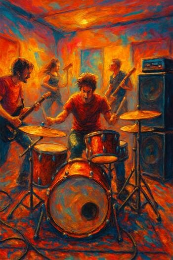 Amp & String mağazasında alətləri sınayan kiçik qrup